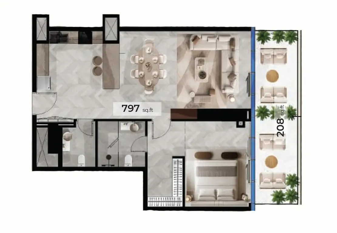 Radiant Terrace 1 bed floor plan, 924 – 1,005 sqft