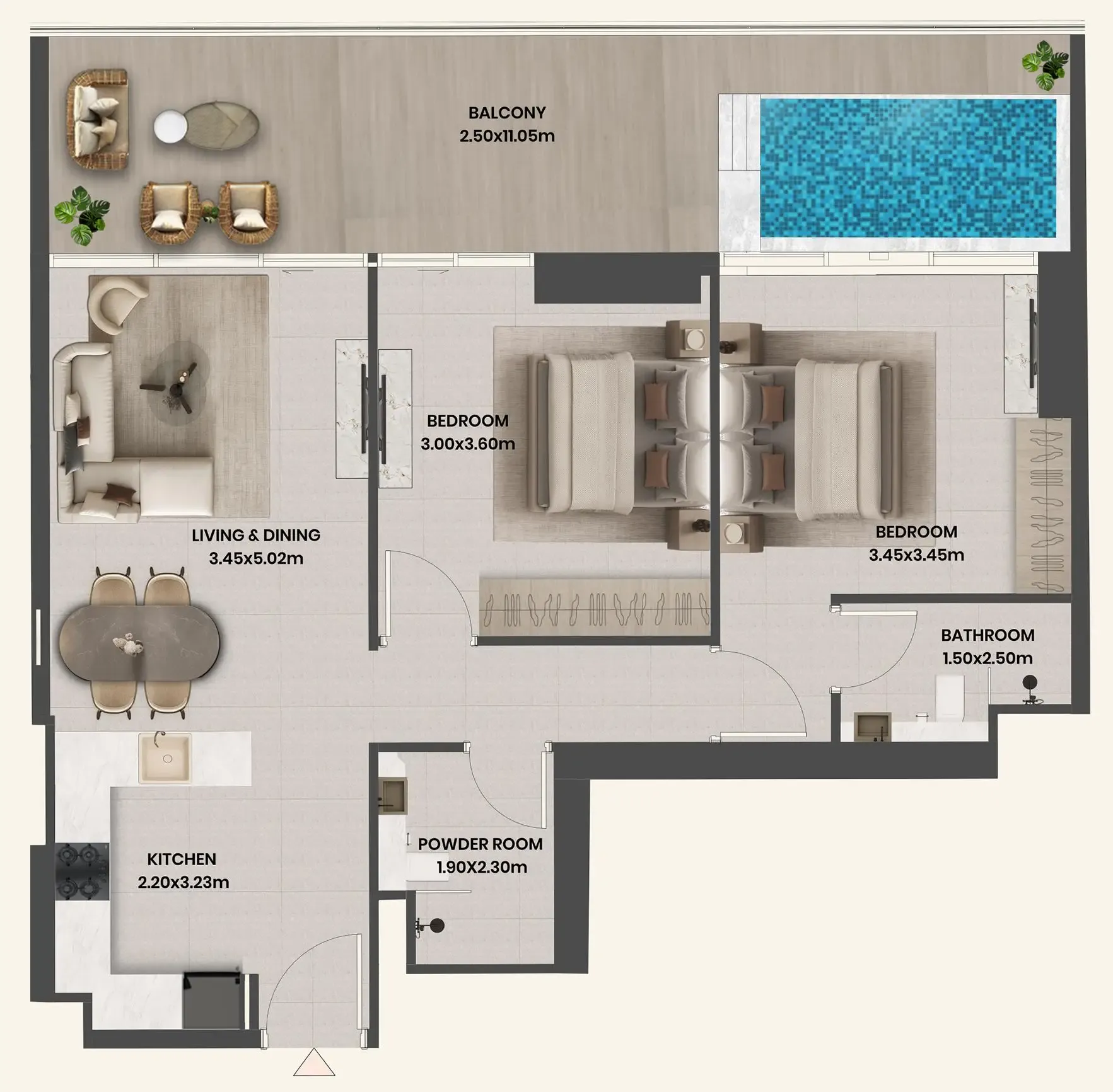 Divine Al Barari 2 bed floor plan, 1,115 sqft