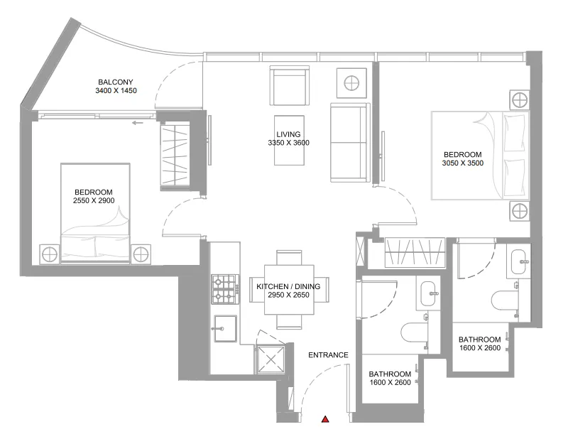 Bayfront Marina Residences 2 bed floor plan, 683 sqft