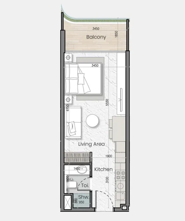 I'Sola Bella Studio floor plan, 413 sqft