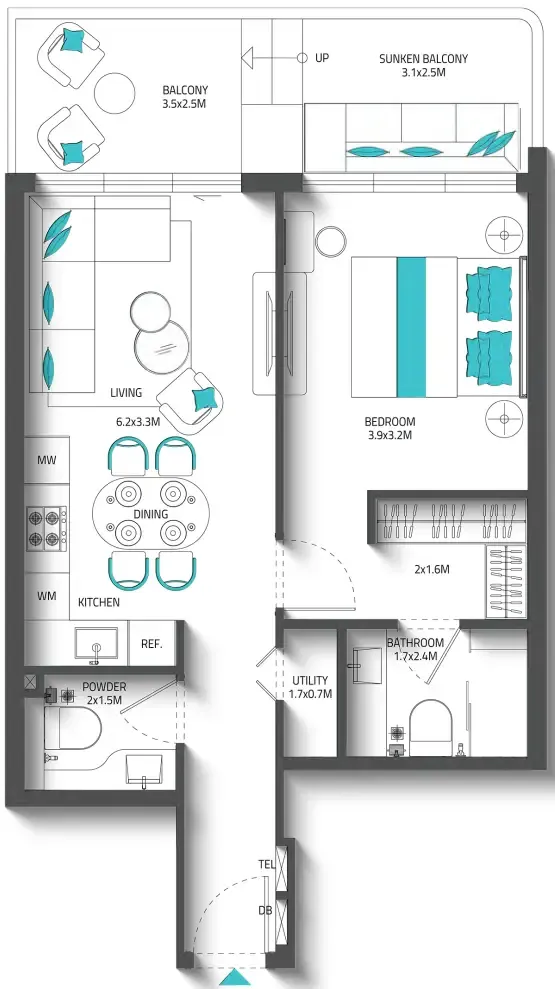 Reef 996 1 bed floor plan, 797 sqft