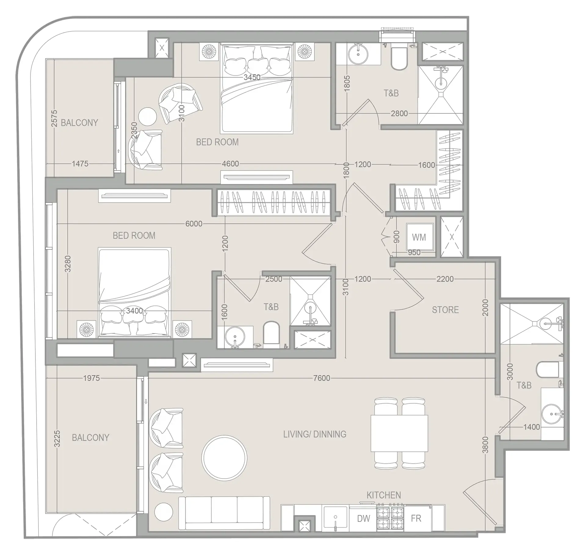 FLU1D ONE 2 bed floor plan, 1,131 sqft