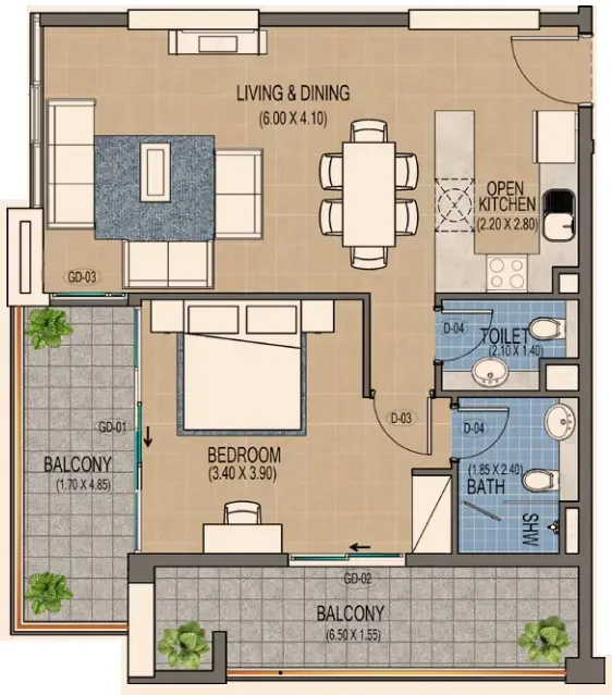 Triana Residences 1 bed floor plan, 911 sqft
