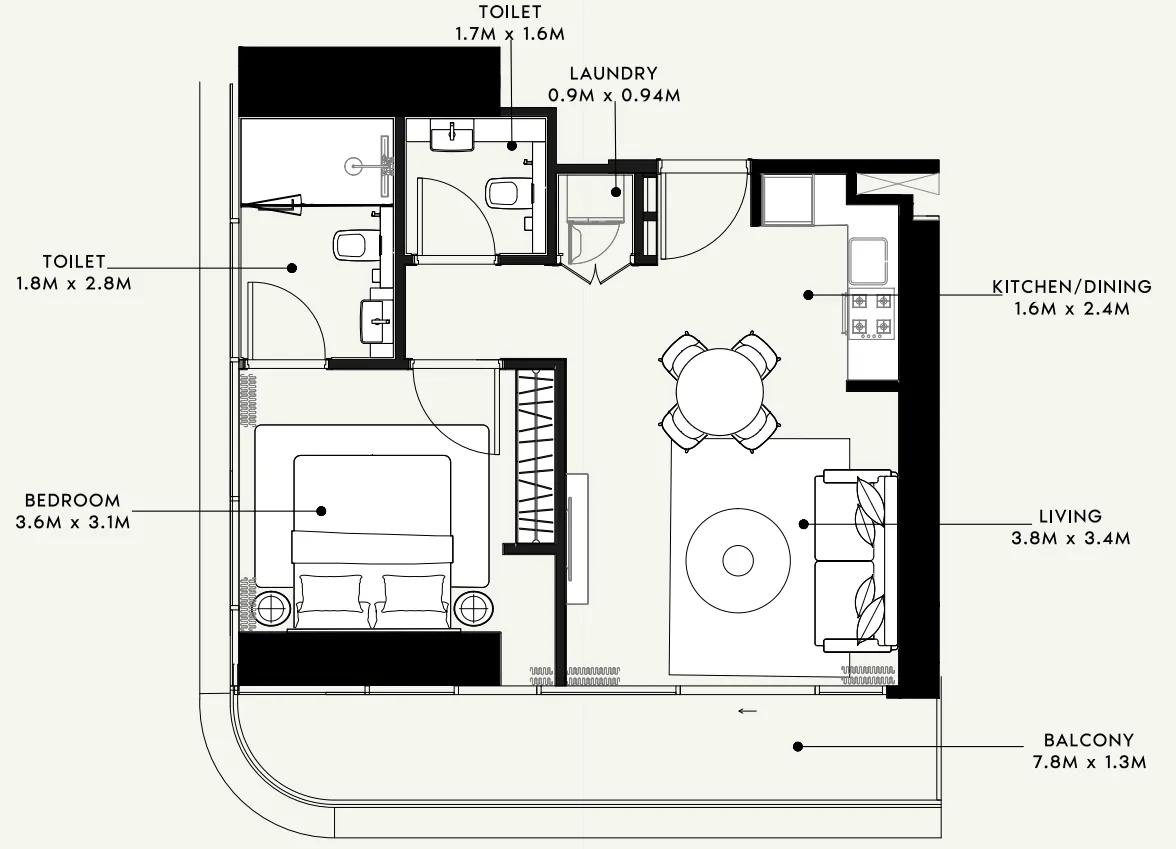 Azizi Milan 1 bed floor plan, 671 sqft