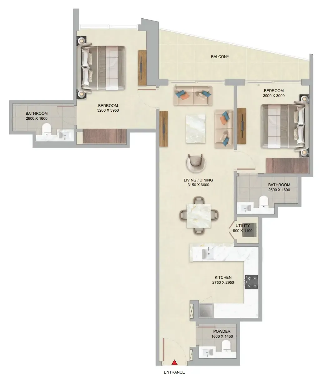 The Serene at Sobha Central 2 bed floor plan, 1,059 sqft
