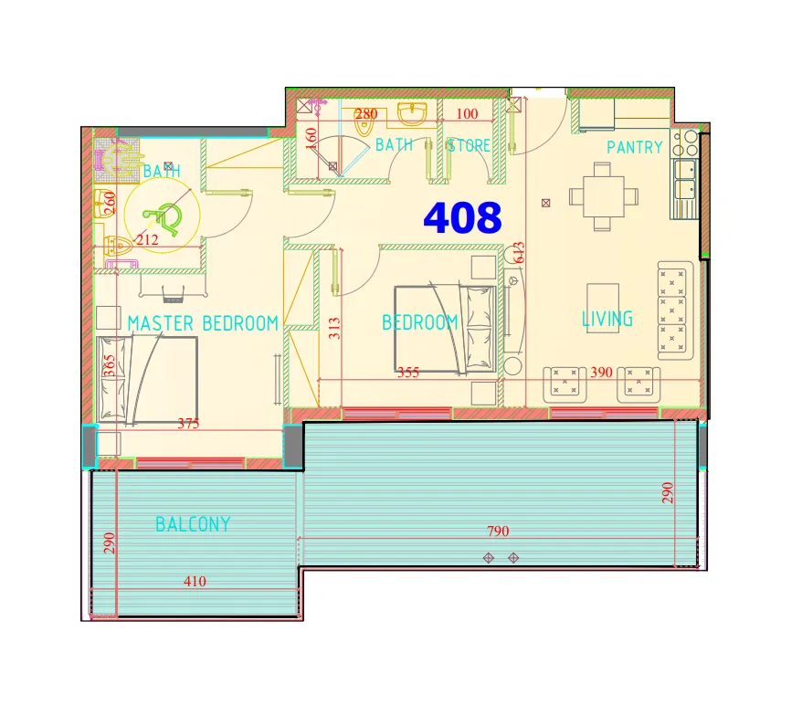Carmel Residence 2 bed floor plan, 1,250 sqft