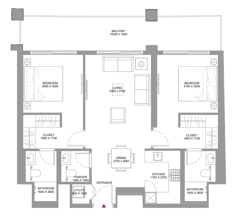 Bayside Marina Residences 2 bed floor plan, 1,043 – 1,078 sqft