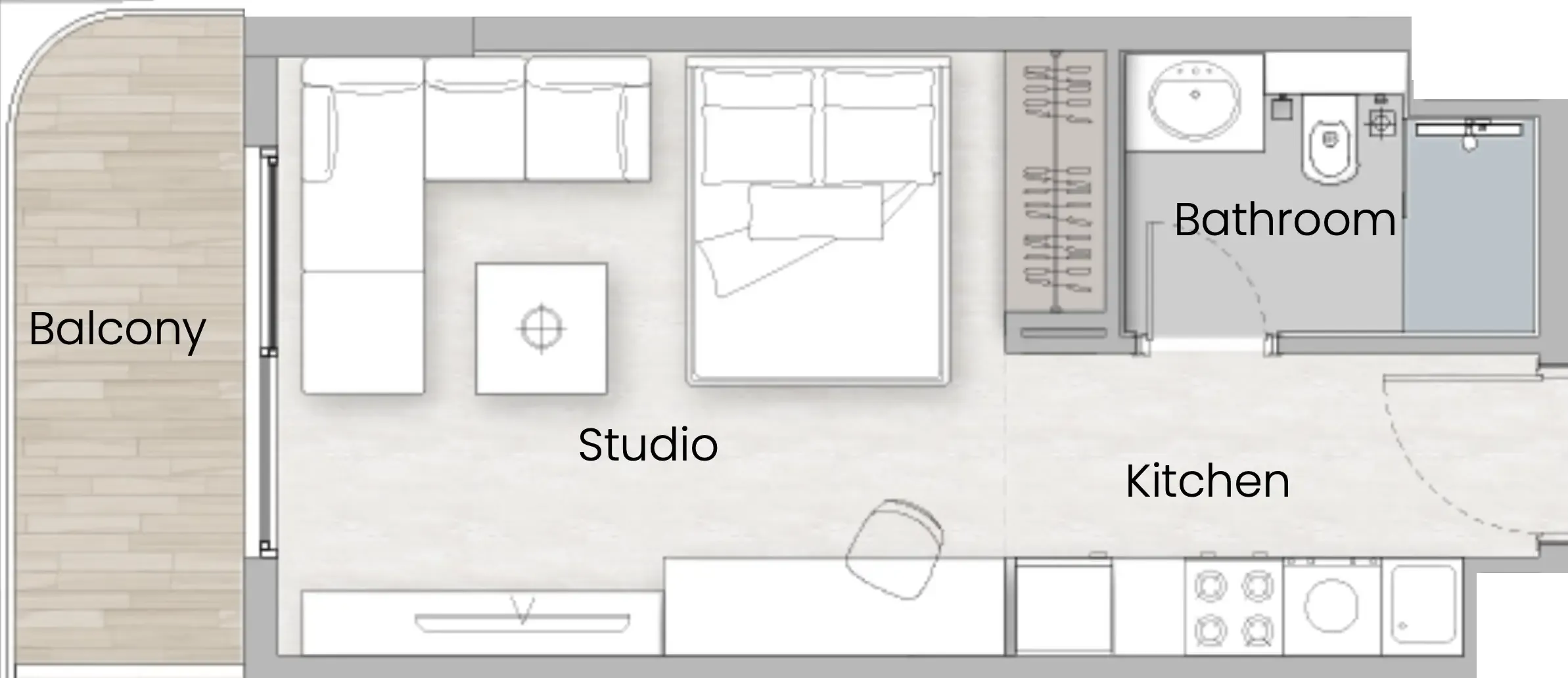 One Beverly Studio floor plan, 389 sqft