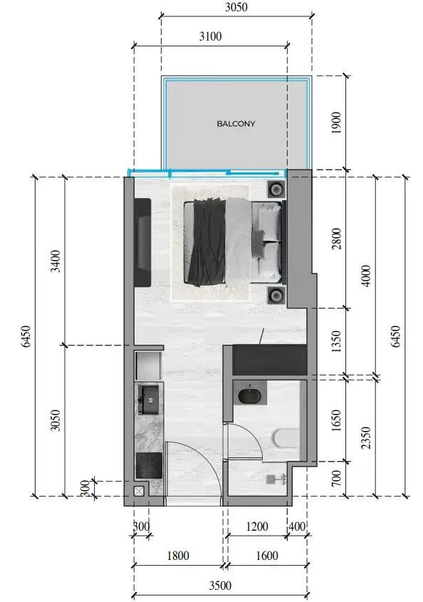 SkyGate Tower Studio floor plan, 311 sqft