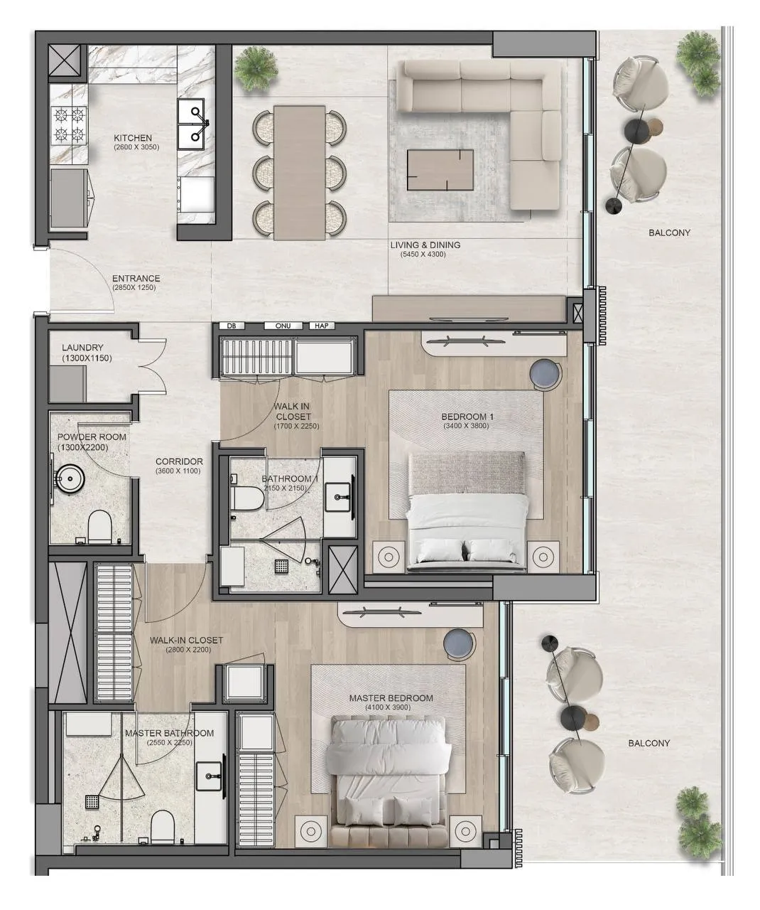 Flora Isle Beachfront Residences 2 bed floor plan, 1,613 sqft