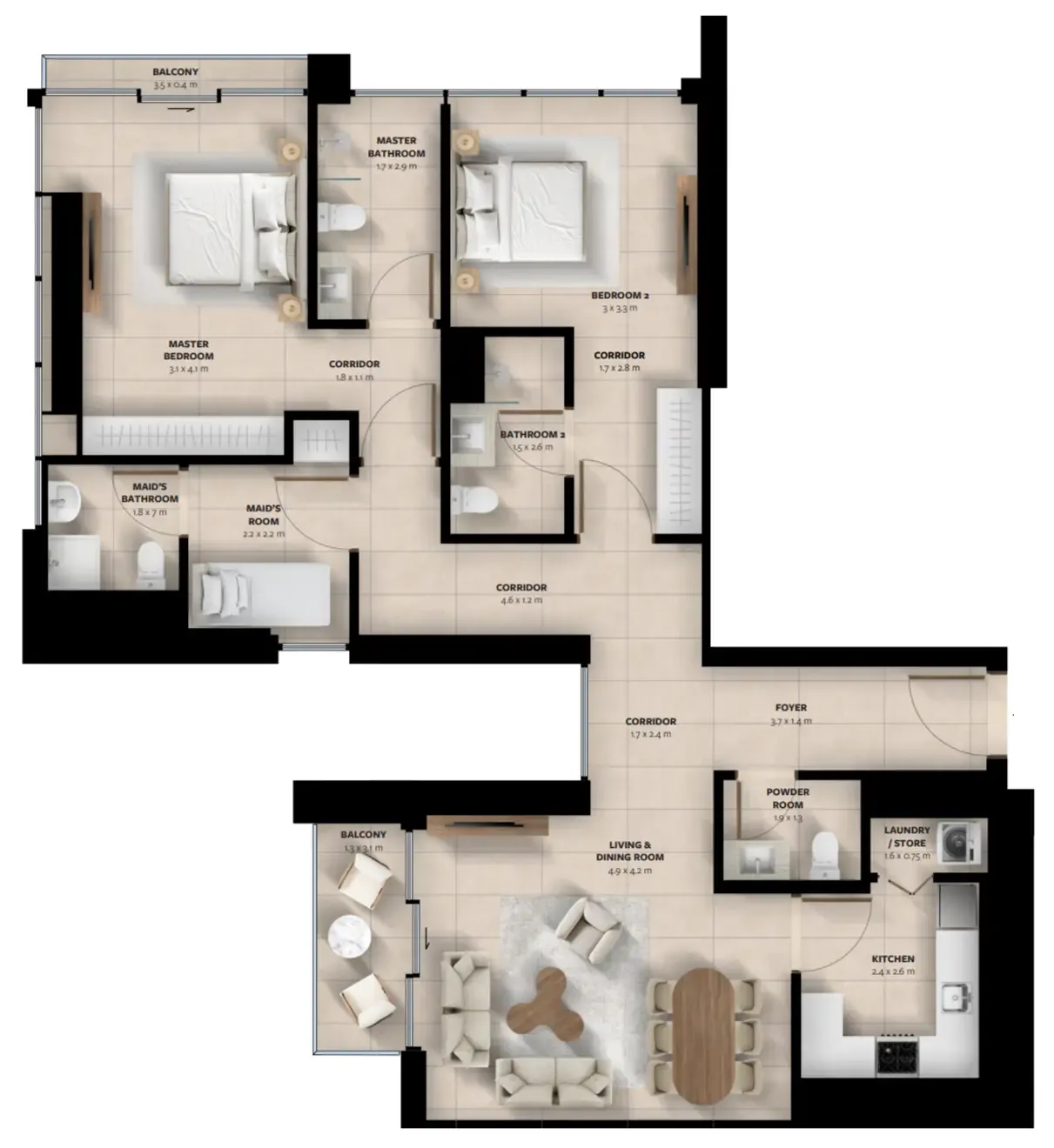 Waada Dubai South 2 bed floor plan, 1,250 sqft