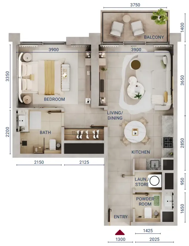Mirdad 1 bed floor plan, 697 sqft