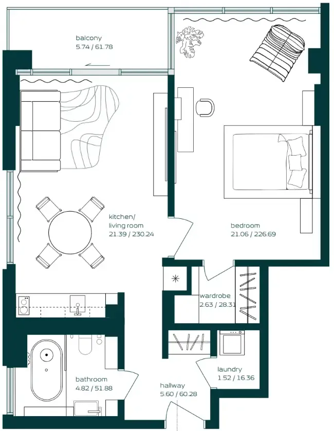 Vibe 1 bed floor plan, 757 sqft
