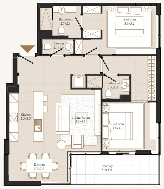 Flamingo LUX 2 bed floor plan, 1,175 sqft