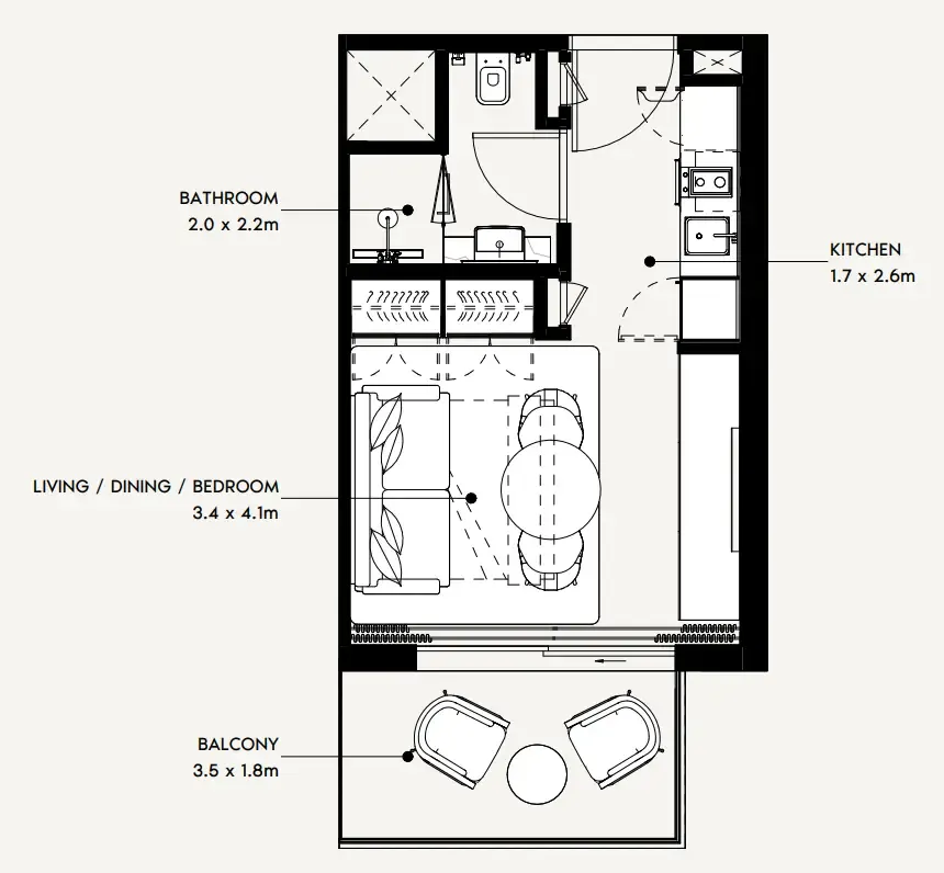 Azizi Noura Studio floor plan, 339 sqft