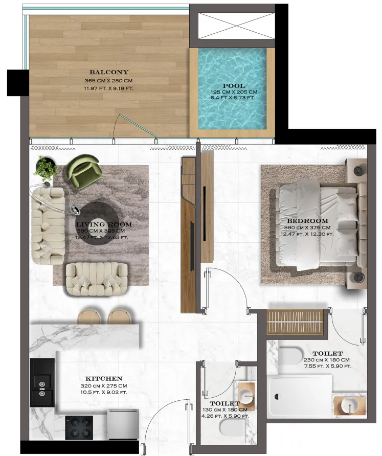 Lazord by Lapis Phases 1 and 2 1 bed floor plan, 729 sqft