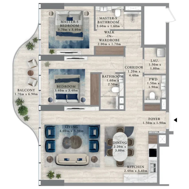 Royal Yacht Club Residence 2 bed floor plan, 1,180 sqft