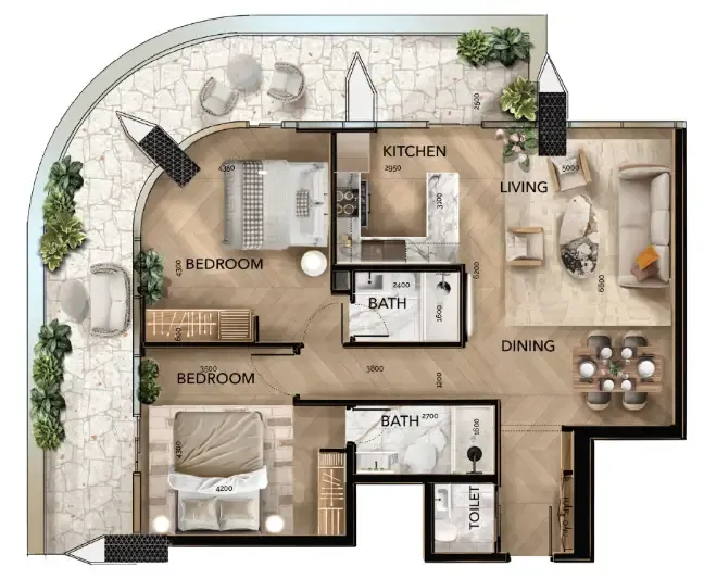Radiant Bridges 2 bed floor plan, 1,612 sqft