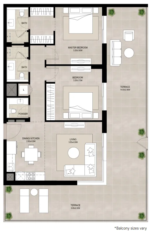 Ellison 2 bed floor plan, 1,495 sqft