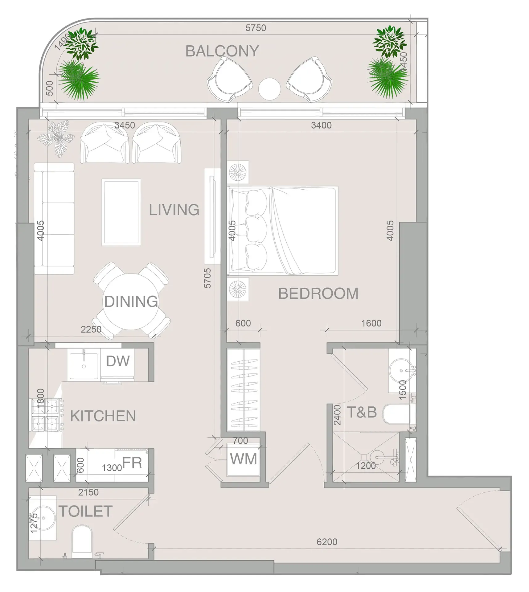 VERDAN1A 4 1 bed floor plan, 769 sqft