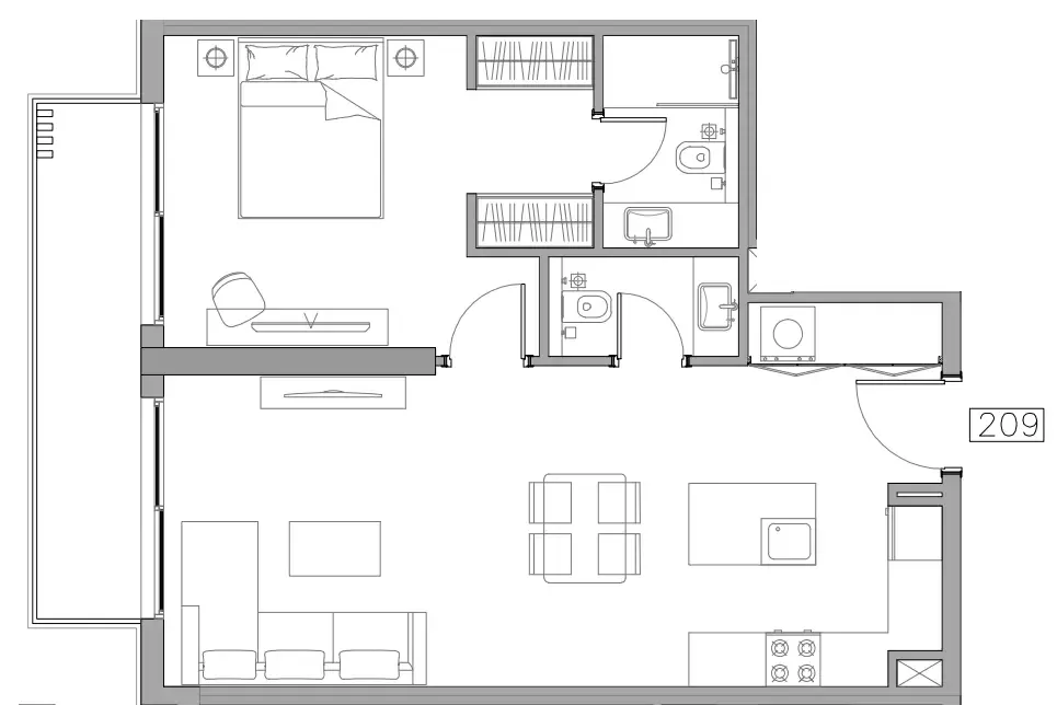Trevino 1 bed floor plan, 708 sqft