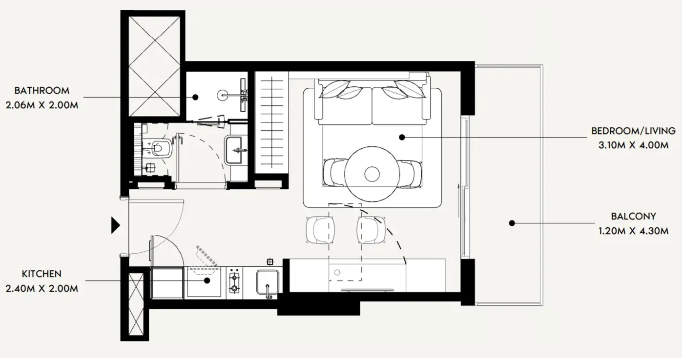 Azizi David Studio floor plan, 335 sqft