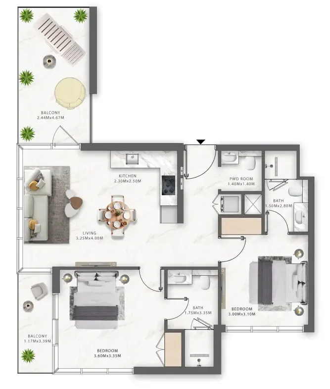 One Central 2 bed floor plan, 900 sqft