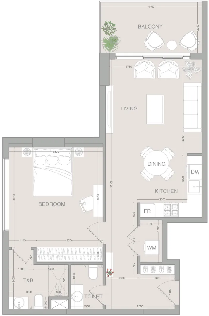 VERDAN1A 1 bed floor plan, 790 sqft