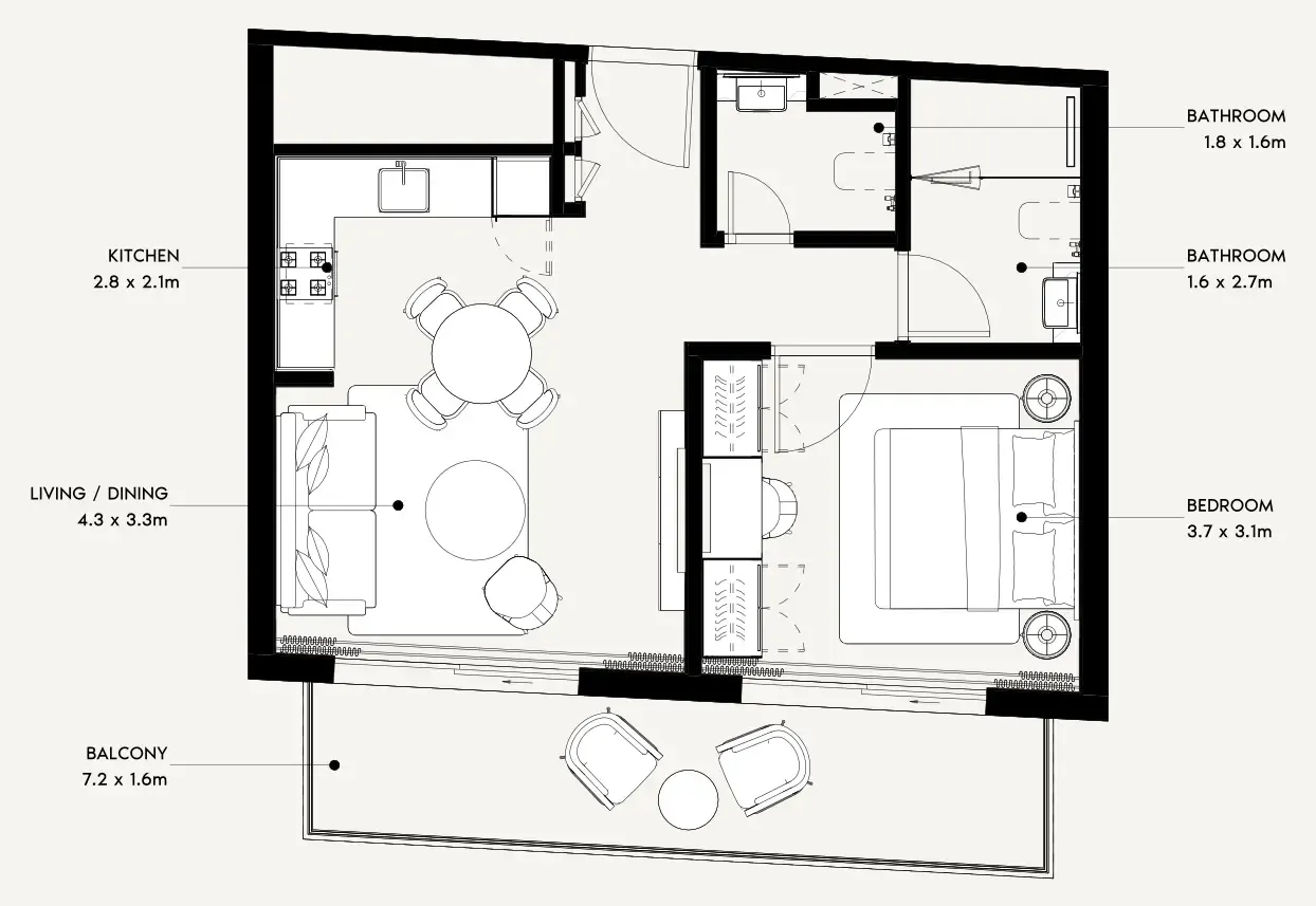 Azizi Noura 1 bed floor plan, 675 sqft