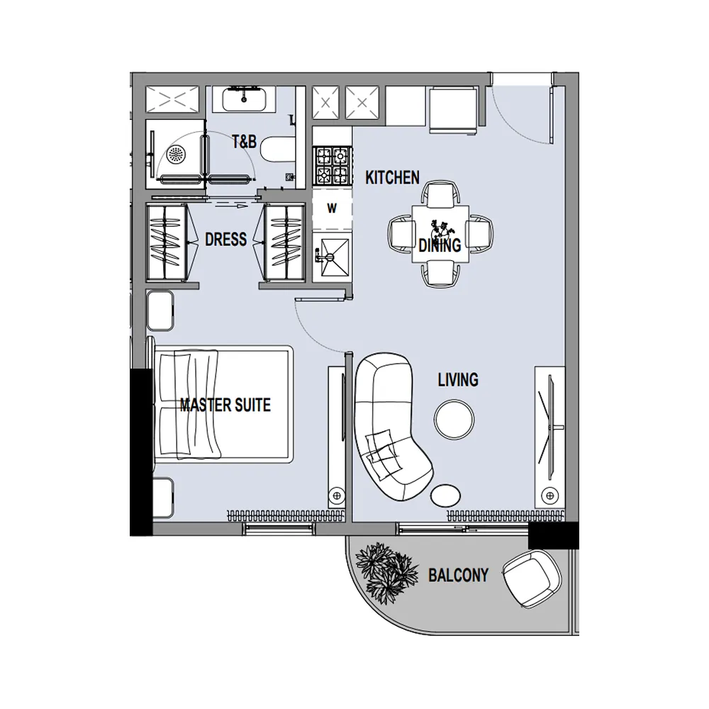 Verso 1 bed floor plan, 516 sqft