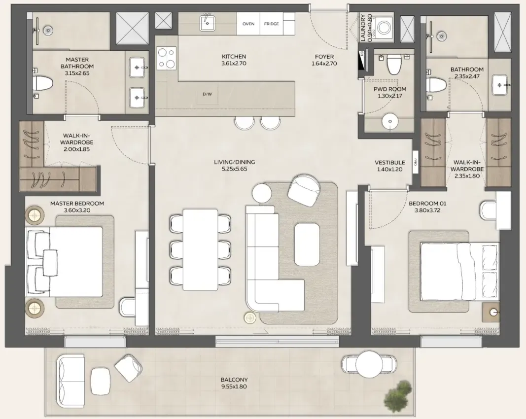 Expo Valley Views - Ghadeer 2 bed floor plan, 1,338 – 1,361 sqft