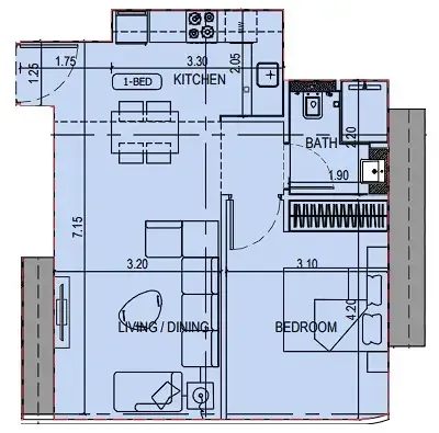 Binghatti Sky Terraces 1 bed floor plan, 572 sqft