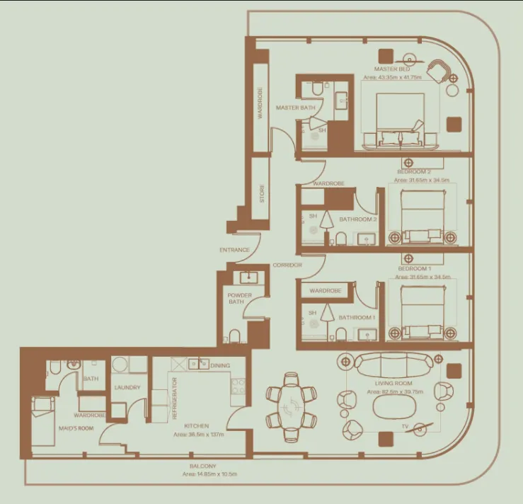 Eden House The Park 3 bed floor plan, 2,338 – 2,352 sqft