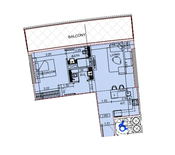 Binghatti Aquarise 1 bed floor plan, 908 sqft