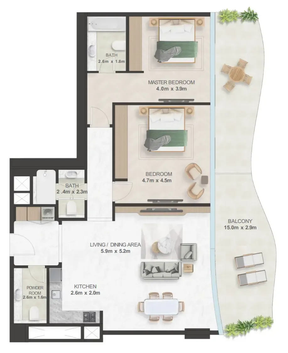 Oystra 2 bed floor plan, 1,671 sqft