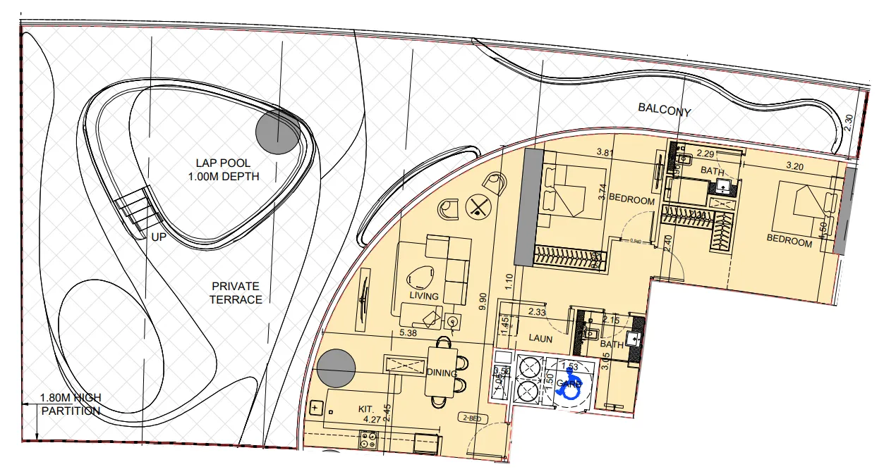 Binghatti Aquarise 1 bed floor plan, 975 sqft