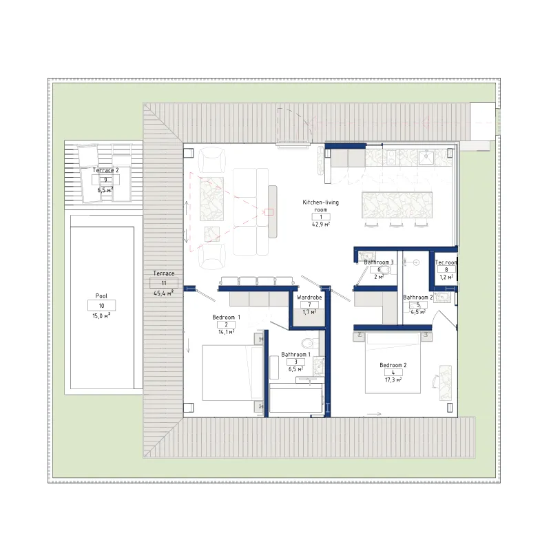 Aravita Residence 2 bed floor plan, 970 sqft