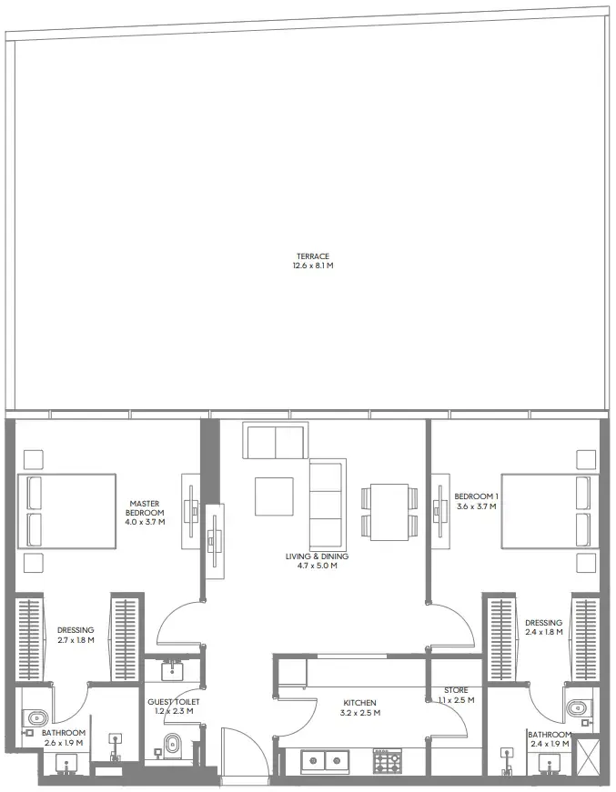 The Gate 3 and 4 2 bed floor plan, 2,228 sqft