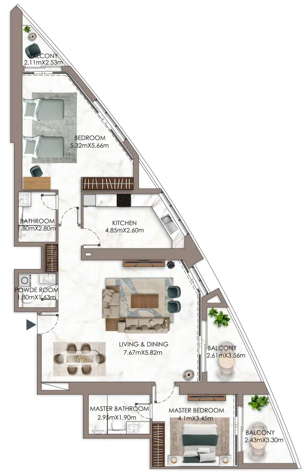 Ajman Pearl Tower 2 bed floor plan, 2,059 sqft