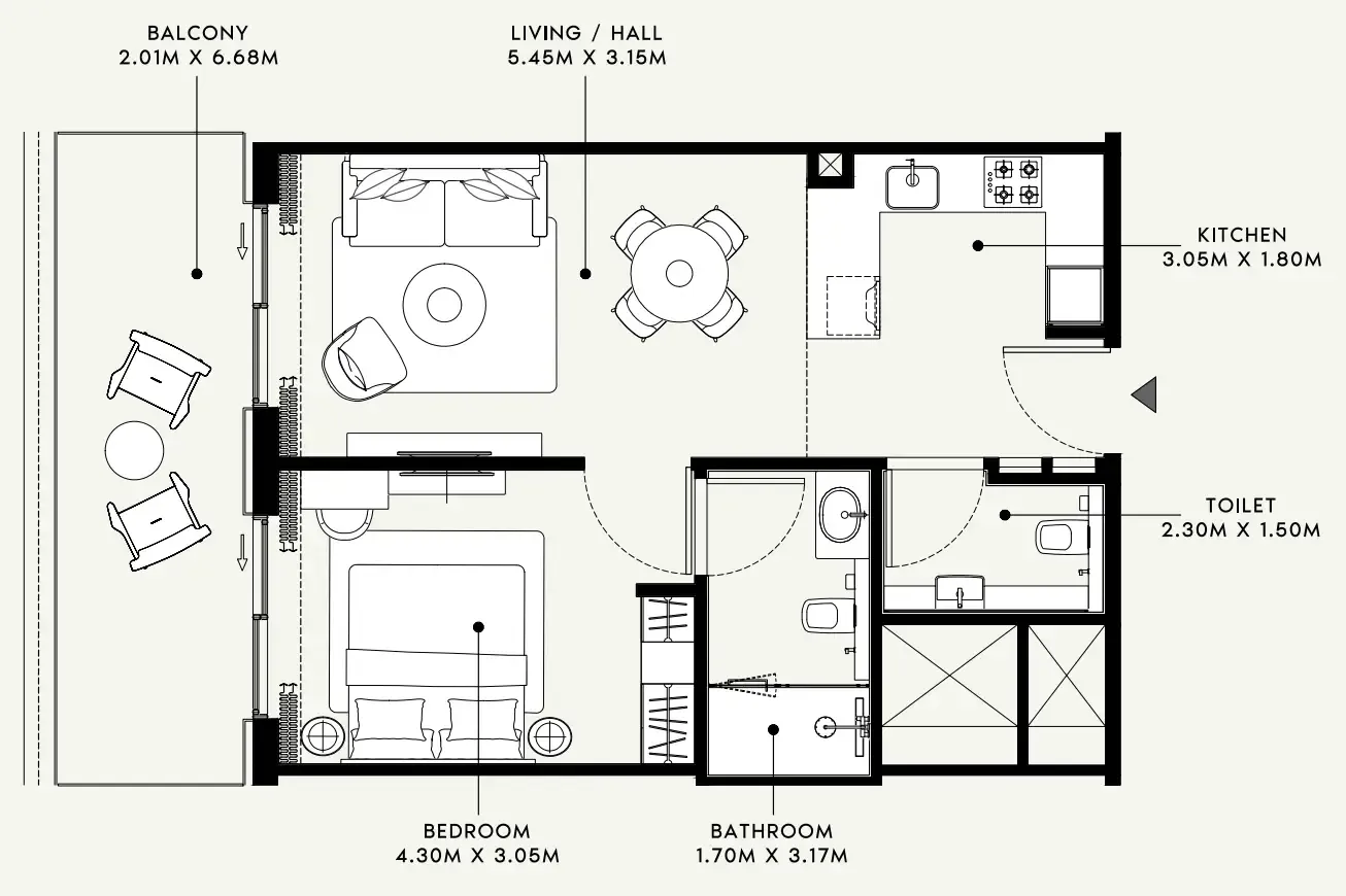 Azizi Venice 1 bed floor plan, 737 sqft