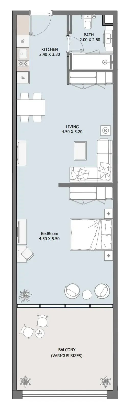 Oceana 1 bed floor plan, 627 – 870 sqft