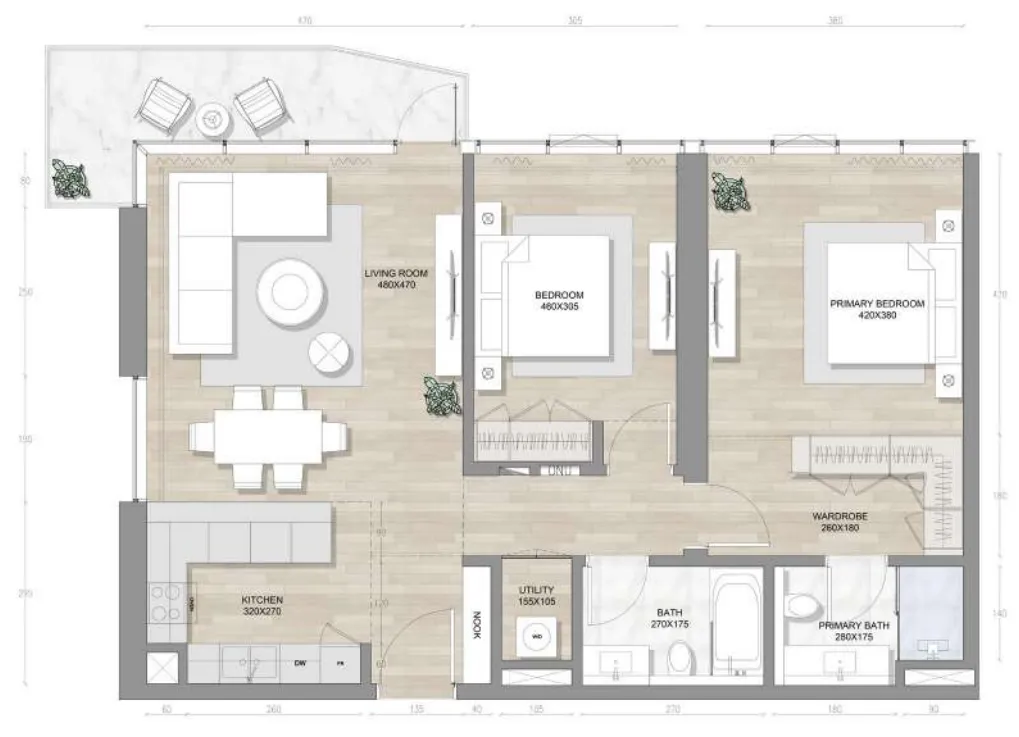 Skai Mina 2 bed floor plan, 1,204 – 1,233 sqft