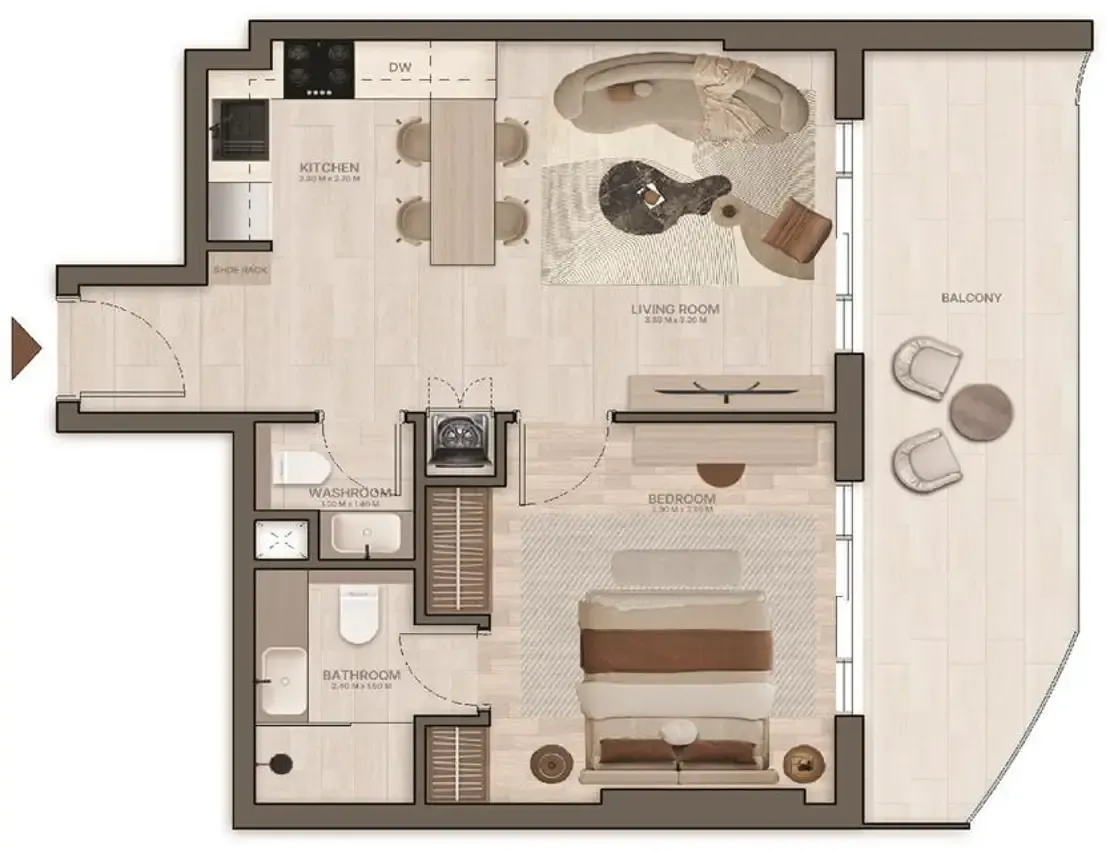 Stax 1 bed floor plan, 697 sqft