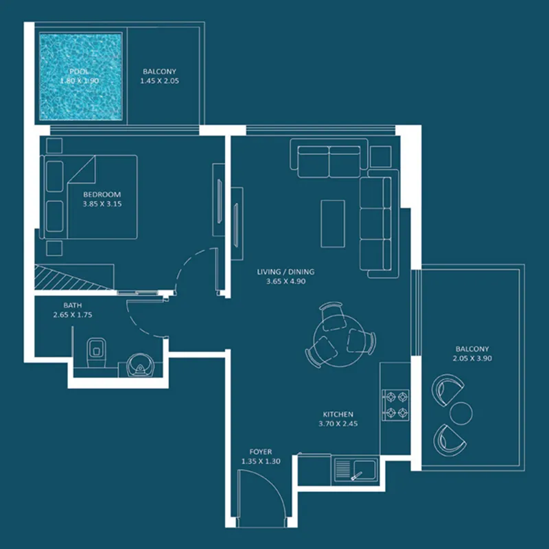 Oasiz 2 1 bed floor plan, 631 sqft