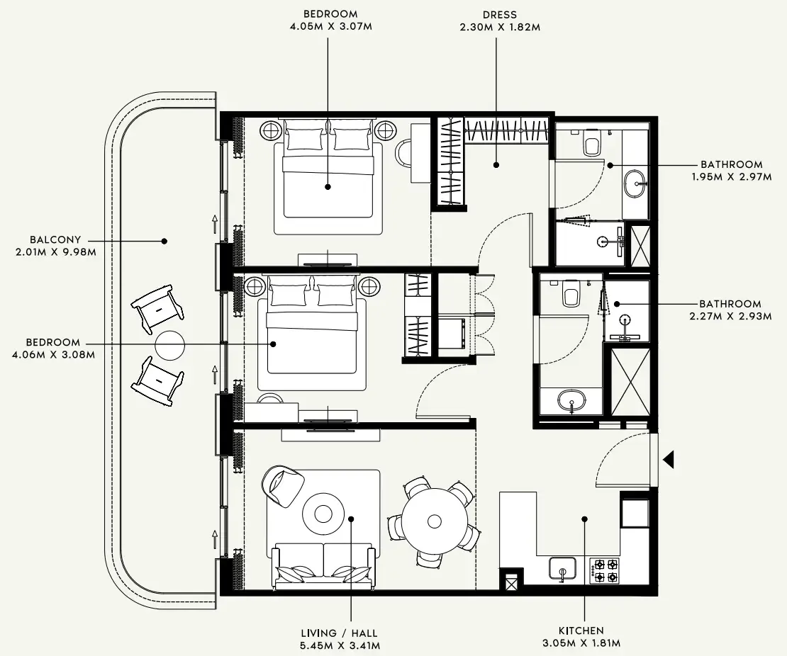 Azizi Venice 2 bed floor plan, 1,160 sqft
