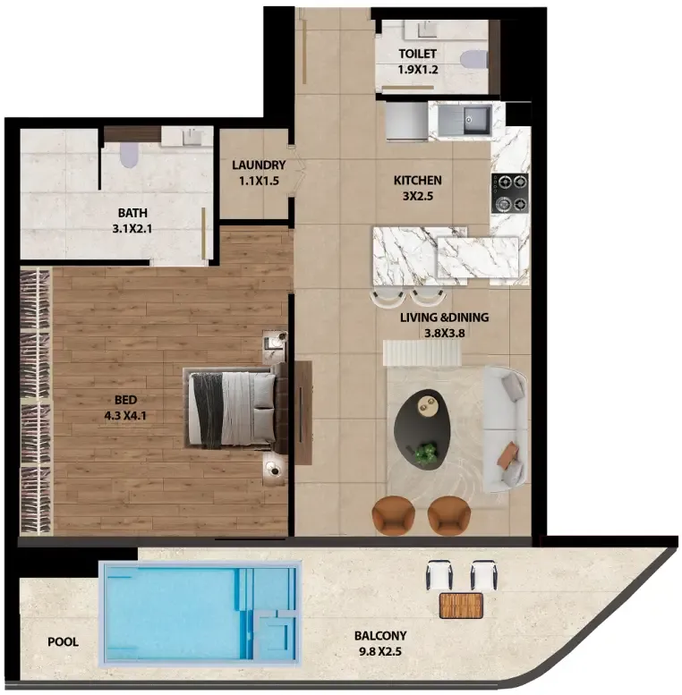 Marquis One 1 bed floor plan, 927 sqft