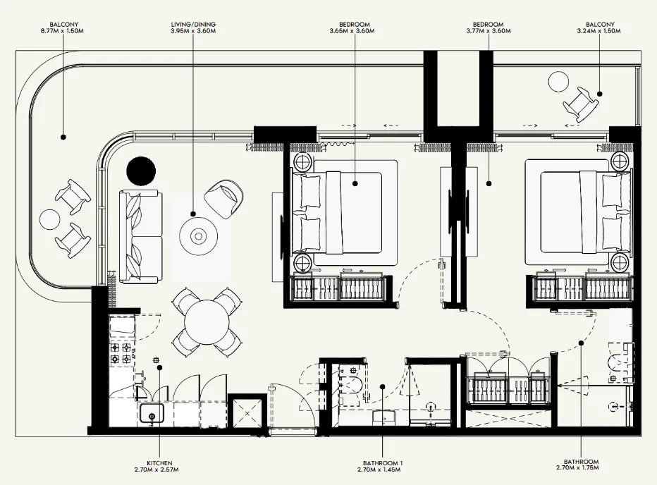Azizi Venice 2 bed floor plan, 1,108 sqft