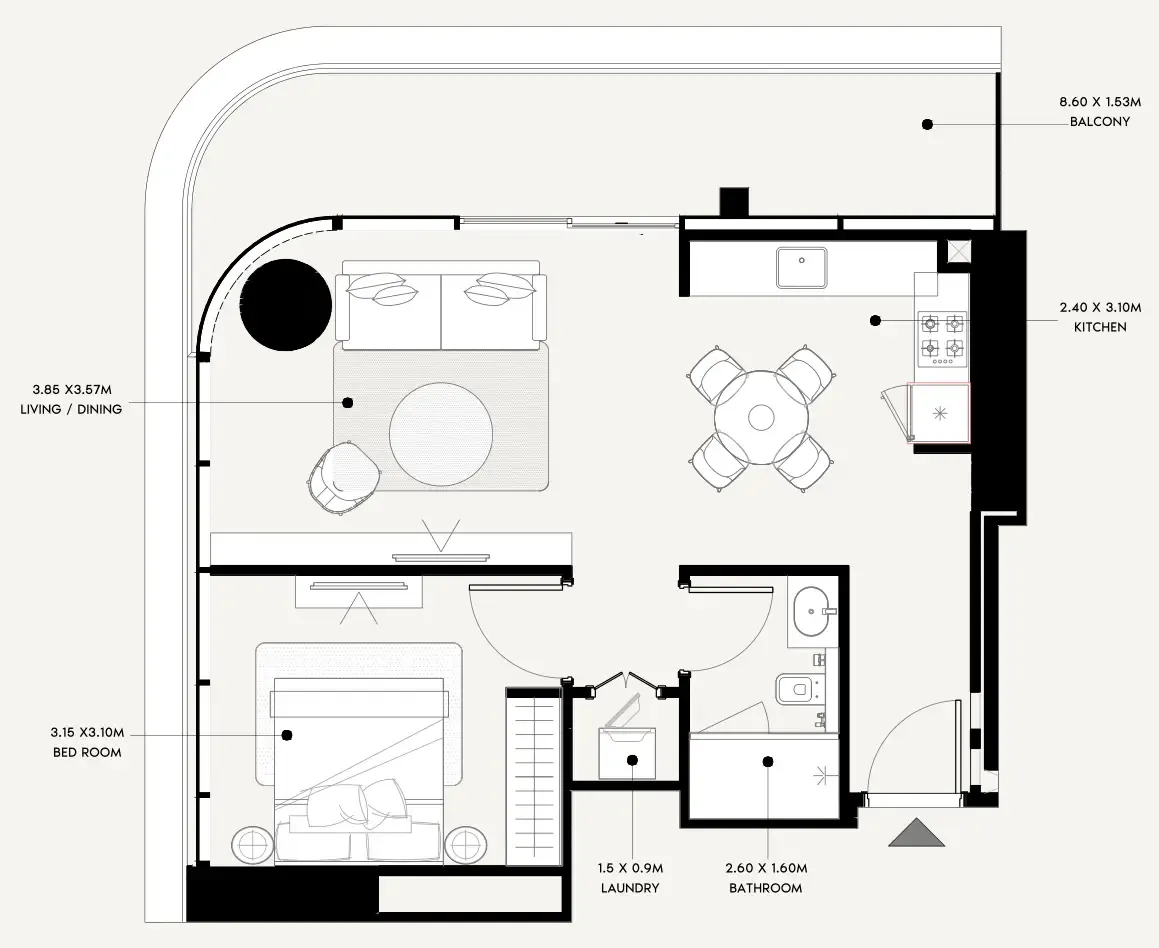 Azizi Milan 1 bed floor plan, 744 sqft