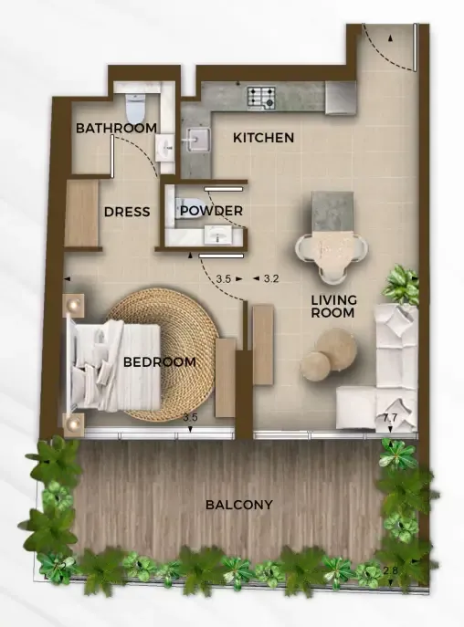 105 Residences by Kamdar 1 bed floor plan, 772 sqft