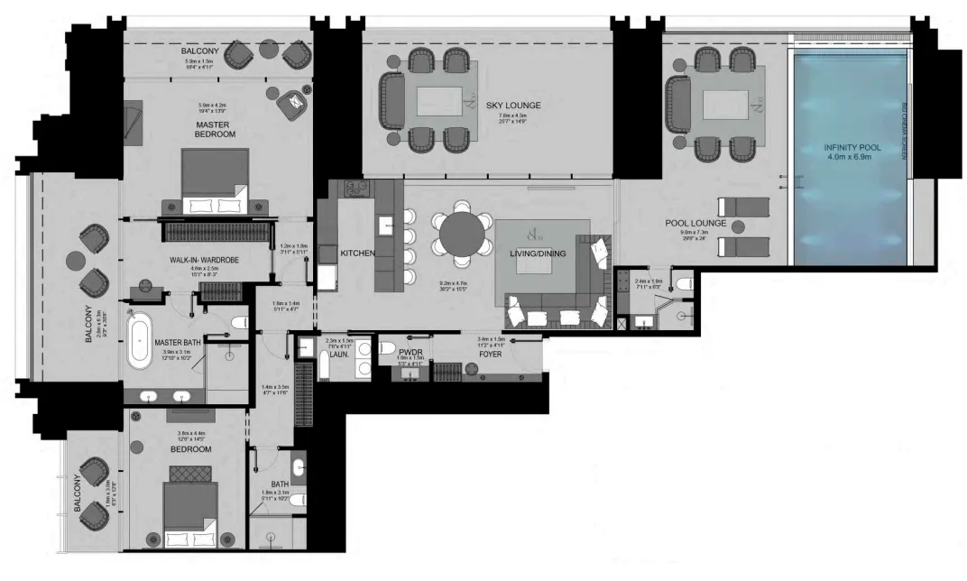 Burj Binghatti Jacob and Co Residences 2 bed floor plan, 3,214 – 3,287 sqft